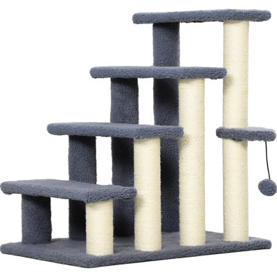 4 Levels Cat Steps, Grey With Scratching Posts, Play & Side Step For Pet Cats 4-level Stairs , Hanging And Feline Parents Up To 10lbs