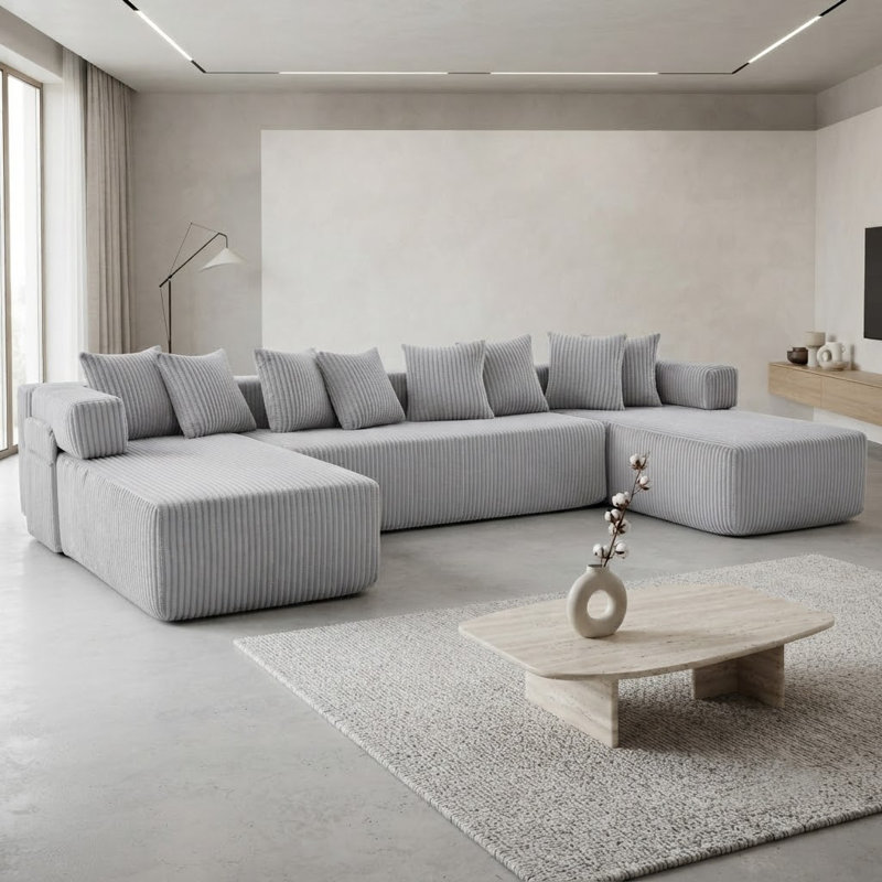 Canapé modulaire 146 po à 5 places en velours côtelé modulaire avec méridienne 146 po, Gris clair