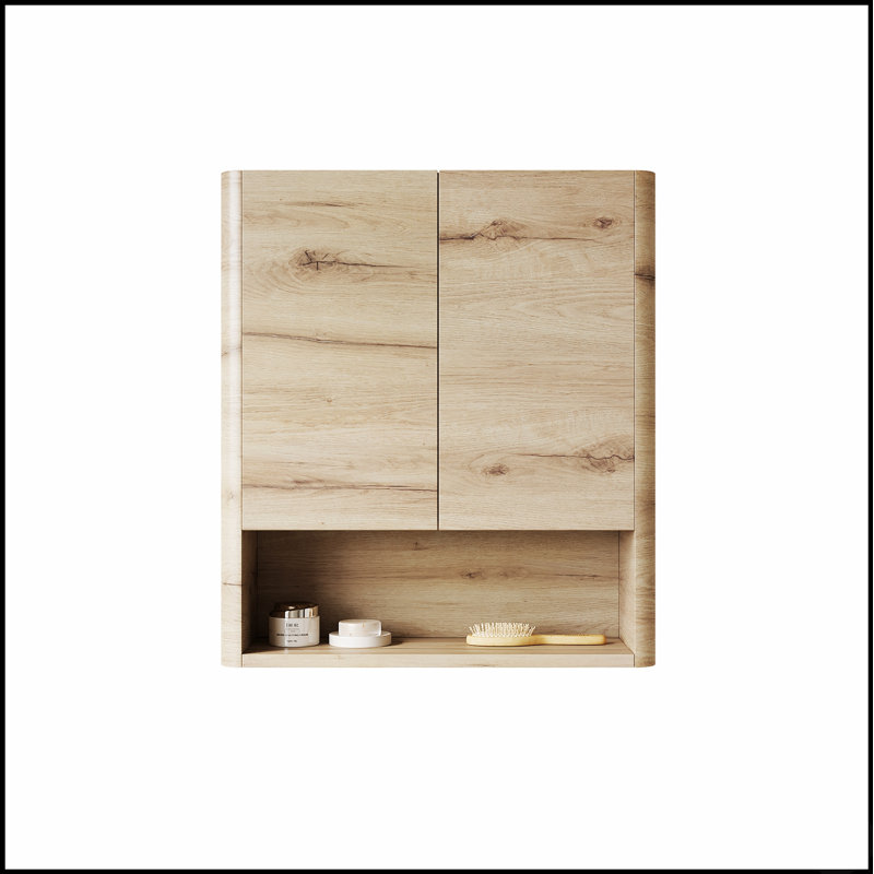Meuble de salle de bain mural avec portes, étagère et rangement ouvert, idéal pour les salles de bain modernes et une utilisation efficace de l'espace.