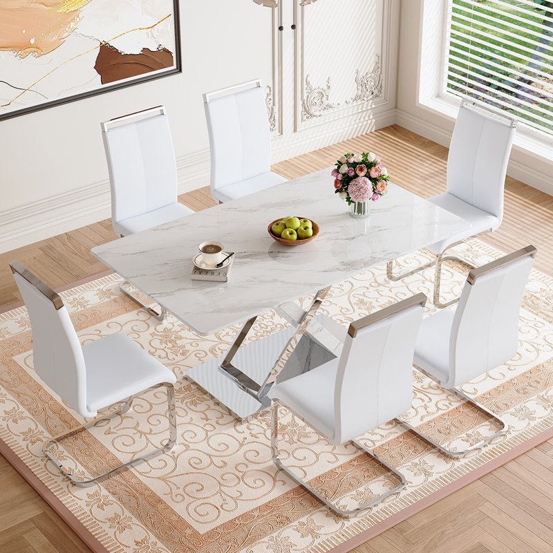 Ensemble de table de salle à manger en verre pour 6, 7, Blanc / argenté