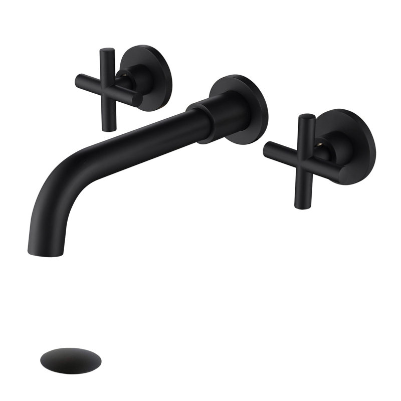 Robinet de salle de bain mural avec bonde, Avec ensemble de drain, Noir mat