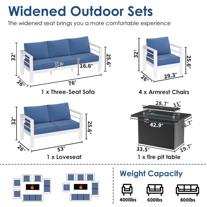 9 - Person Outdoor Seating Group With Cushions, White, Blue