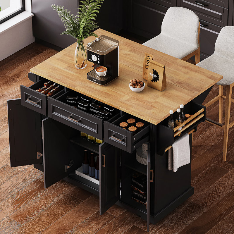 Grand îlot de cuisine roulant de 54 pouces avec abattant en bois d'hévéa, 4 portes, 3 tiroirs et rangement, Noir