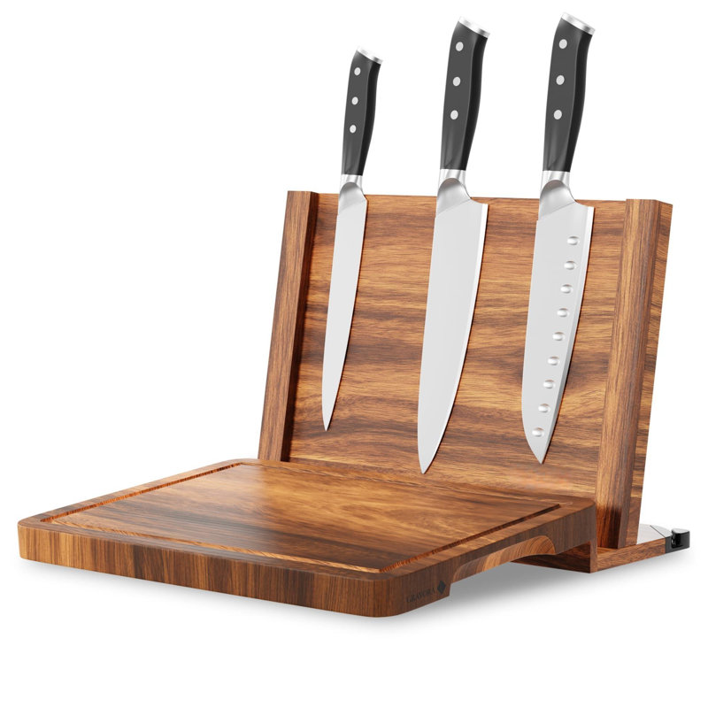 3 In 1 Magnetic Knife Block Stand, 14"X10" Cutting Board, Knife Sharpener - Wooden Magnetic Knife Holder - Acacia Display Holder Double Sided Storage Rack Magnets For Knives - No Assembly Required