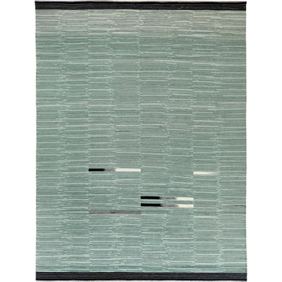 Tapis unique en laine noué à la main vert nouvel âge 10 pi 2 po x 14 pi Fenech