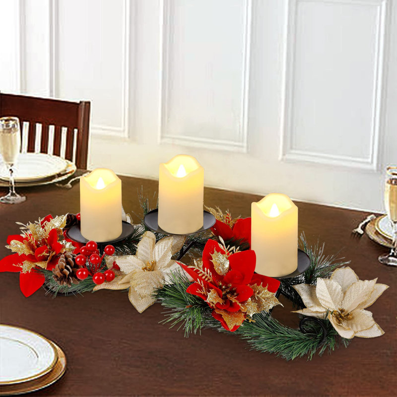 Christmas Poinsettia Candelabrum Centerpiece With Flameless Candles