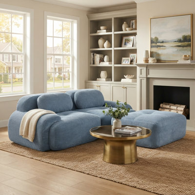 80.3" Modular Corduroy Living Room Set with Deep Seats, Ottoman and No Assembly, Sky Blue