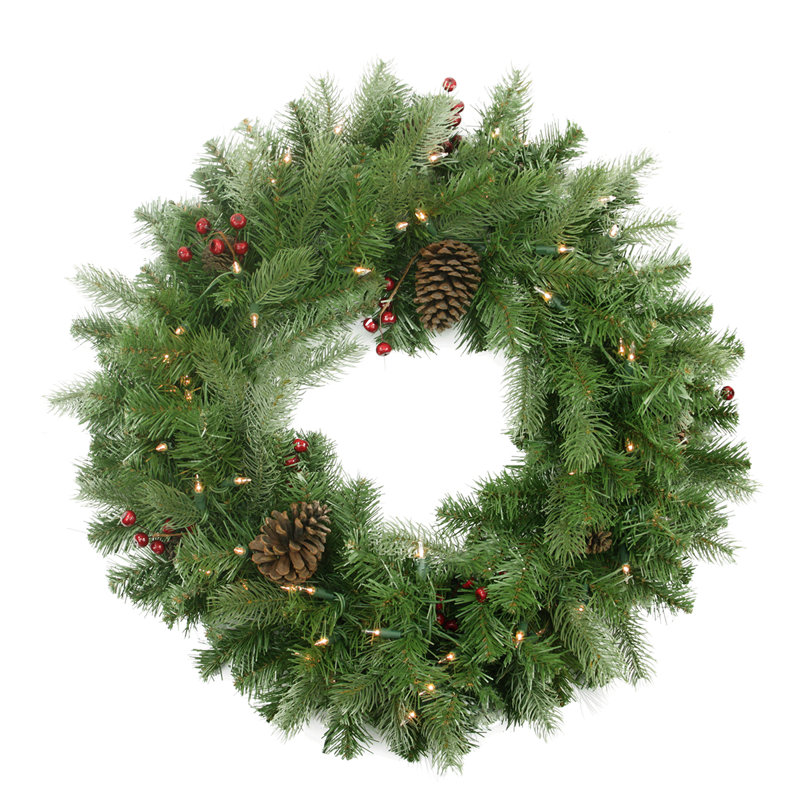 Couronne de Noël artificielle pré-éclairée avec baies rouges et pommes de pin - 24 po - lumières claires