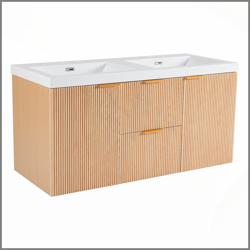 Meuble-lavabo double 47,24 pouces avec comptoir en bois massif, armoire en panneau de fibres à densité moyenne, portes à fermeture en douceur, tiroirs divisés, meuble-lavabo mural moderne