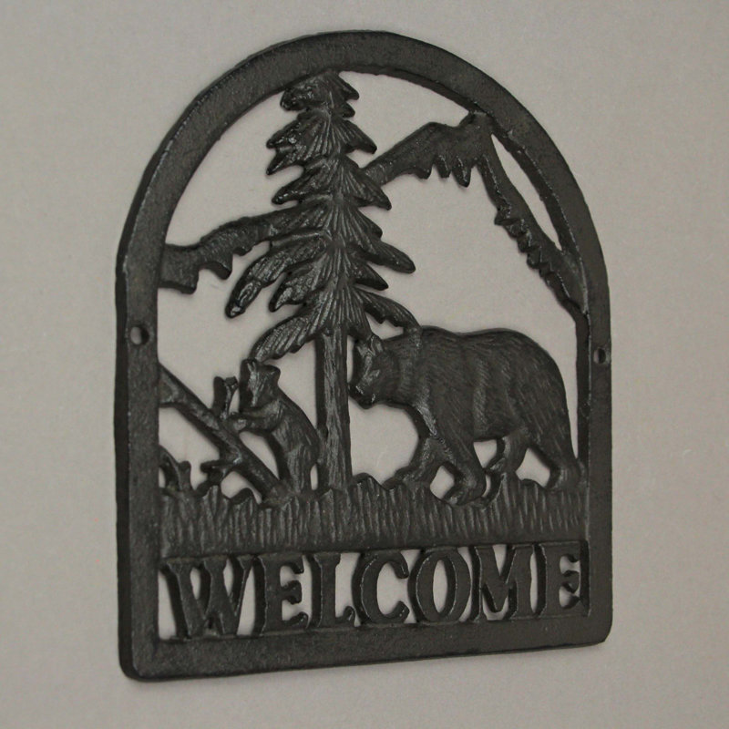 Rustic bear and cub cast iron welcome wall plaque in brown — cabin wall art, 7.5 in. wide x 0.25 in. deep x 8 in. high