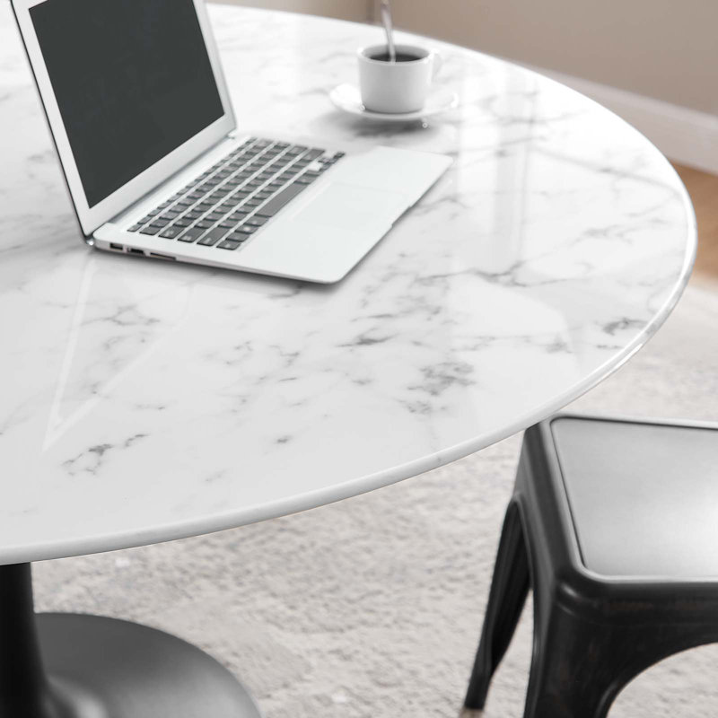 Mid-Century Modern 54" Round Marble & Wood Dining Table in Black/White