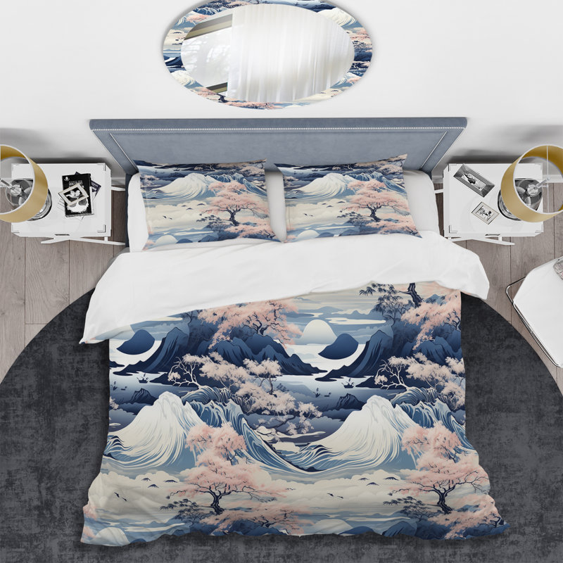 Ensemble de housse de couette japonais bleu et rose zen, Housse de couette simple + 1 taie décorative stan