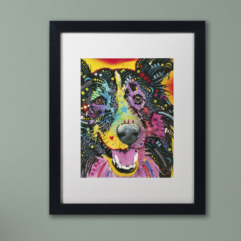 Collie souriant, reproduction d’art sur toile encadrée, H 20 po x l 16 po x P 0,5 po, Blanc