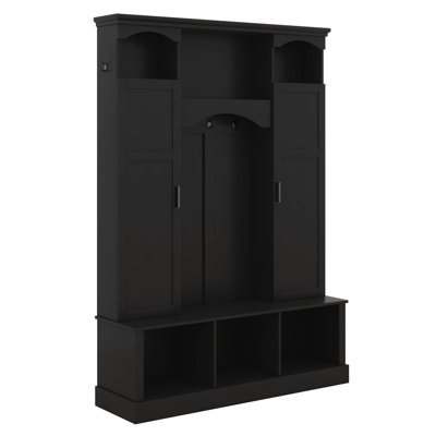 All-In-One Hall Tree With Adjustable Shelves, Arched Storage Bench With Dual Side Cabinets, Entryway Organizer With 7 Hooks