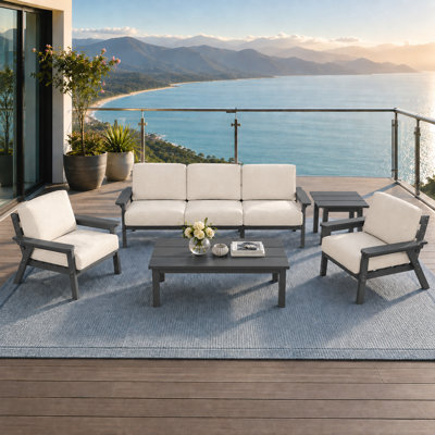 Ensemble de conversation de patio en PEHD pour 5 personnes avec coussins, ensemble de canapé de patio toutes saisons, ensemble de conversation extérieur
