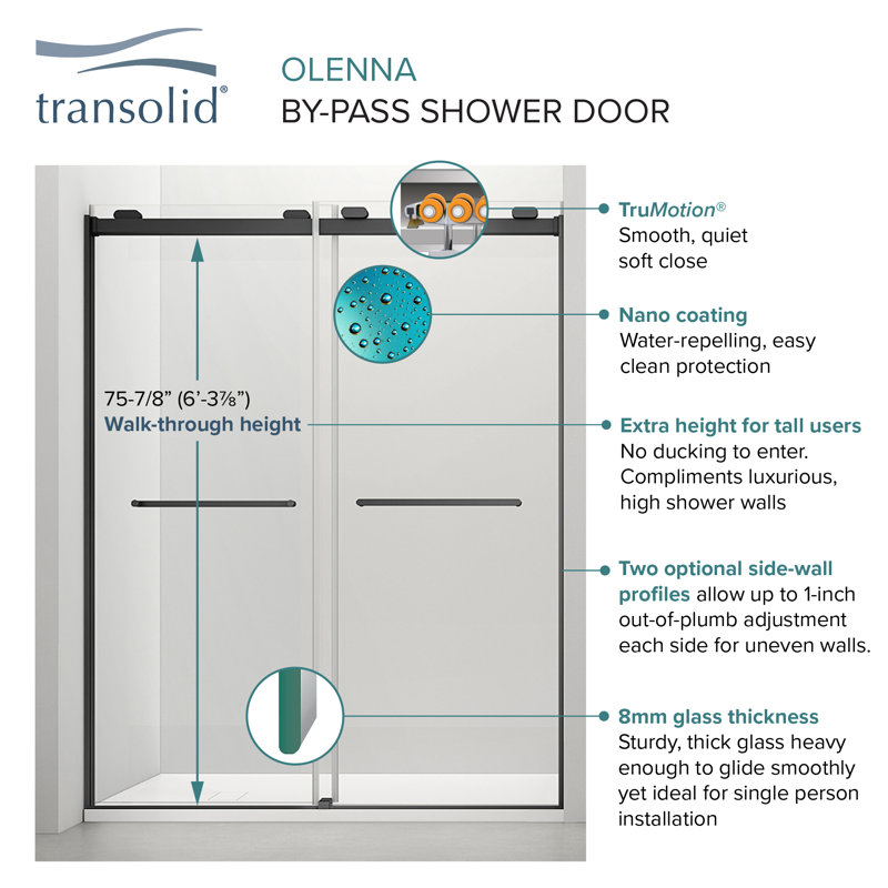 Porte de douche coulissante semi-sans cadre Transoli Olenna, l 60 po x H 80 po, verre trempé transparent 5/16 po