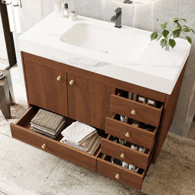 Meuble-lavabo autoportant moderne 36 po avec 1 armoire et 5 tiroirs, comptoir en pierre frittée, lavabo en céramique et pieds en acier inoxydable