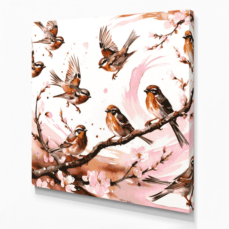 Oiseau, moineau, toile blanche, H 12 po x l 12 po