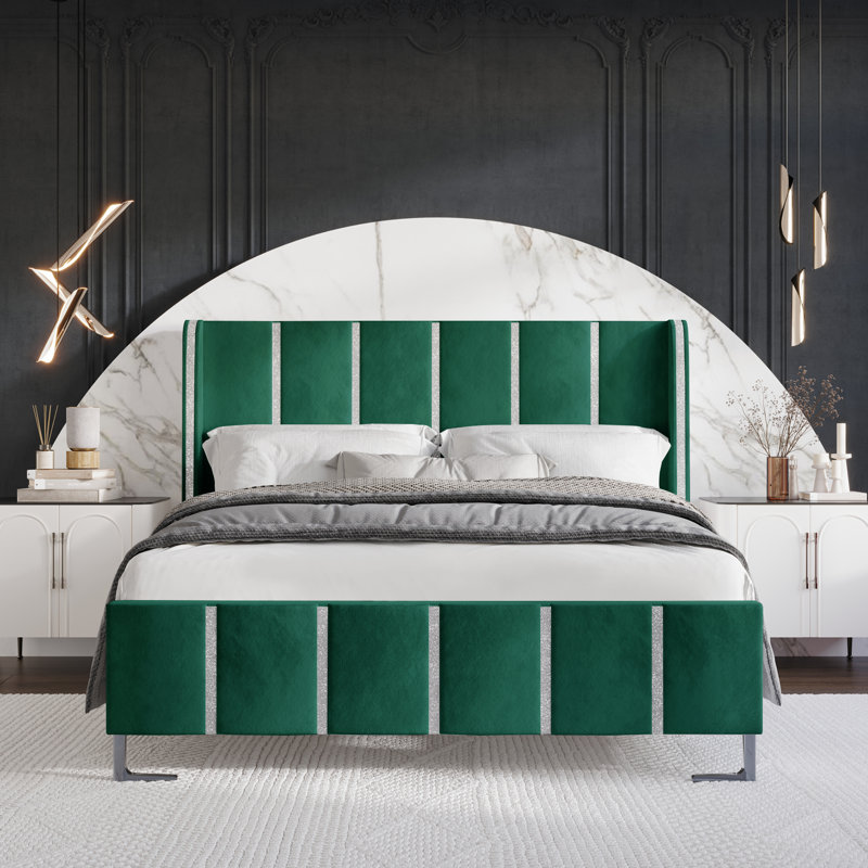 Laimdota Upholstered Slat Bed, Green, Queen