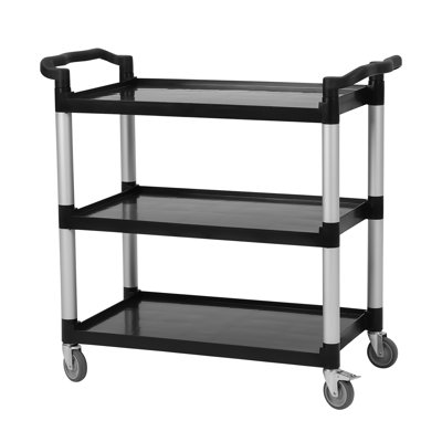 Black 38 inch 3 Tier Utility Service Cart Heavy Duty Plastic Cart with Swivel Wheels 450lbs Capacity Rolling Utility Carts with Metal Frame and 2 Handles for Kitchen Garage