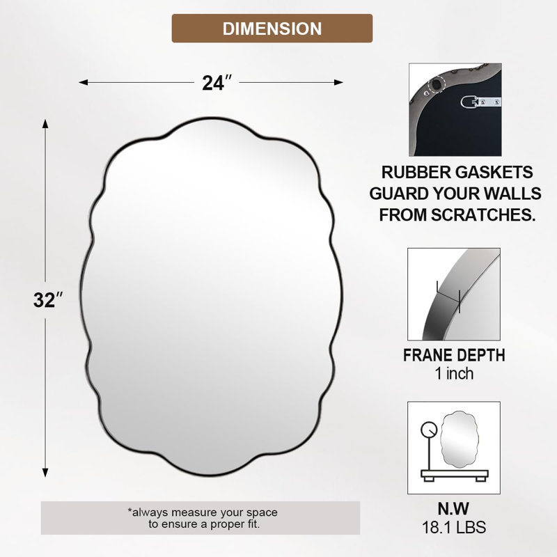 Miroir festonné chromé ondulé - miroir de salle de bain ovale moderne de 24 x 32 pouces, miroir mural irrégulier unique avec cadre en métal SUS robuste