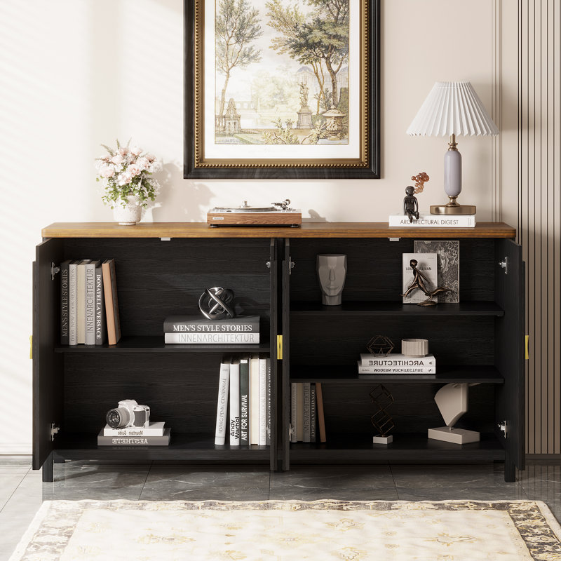 63" W Farmhouse-style Wooden Sideboard with Adjustable Shelves, Black/Beige