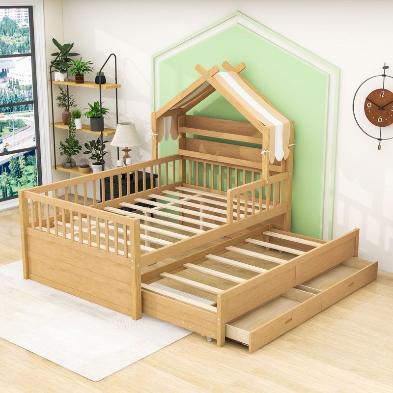 Lit en bois avec lit gigogne et tiroirs de rangement, Lit double, Naturel