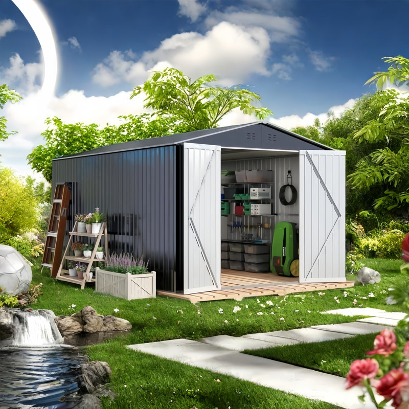 Outdoor Metal Storage Shed With Shutter Vents For Backyard Lawn Patio, Grey, 6.34 ft. H x 12 ft. W x 8 ft. D