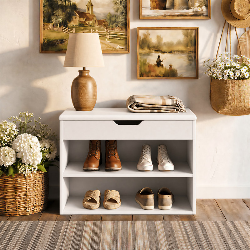 Banc de rangement avec coussin de siège en similicuir | Compartiment supérieur caché et 2 tablettes à chaussures ouvertes