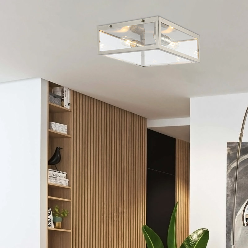 Bechtold Farmhouse Industrial Square Iron/Glass Case LED Flush Mount, Nickel, 5" H x 12" W x 12" D