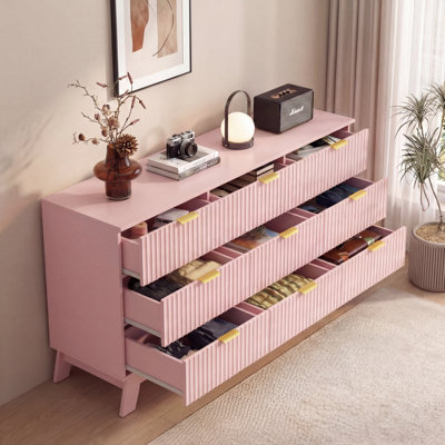 Fluted 9-Drawer Dresser 57''W Wood Wide Chest Of Drawers With Metal Handle, Adjustable Feet