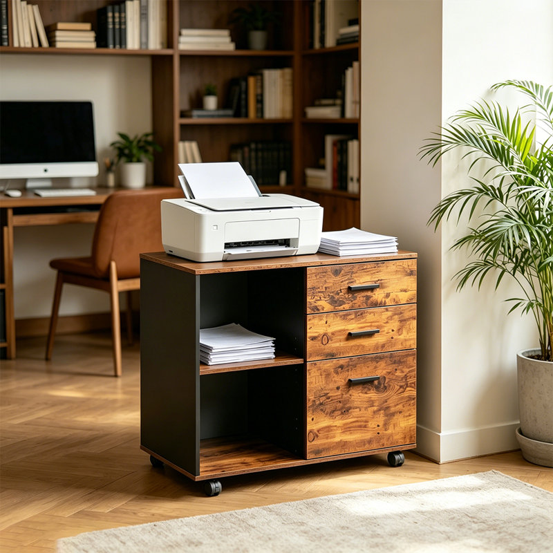Classeur mobile avec 3 tiroirs et tablettes ouvertes, classeur latéral en bois, support pour imprimante pour bureau personnel