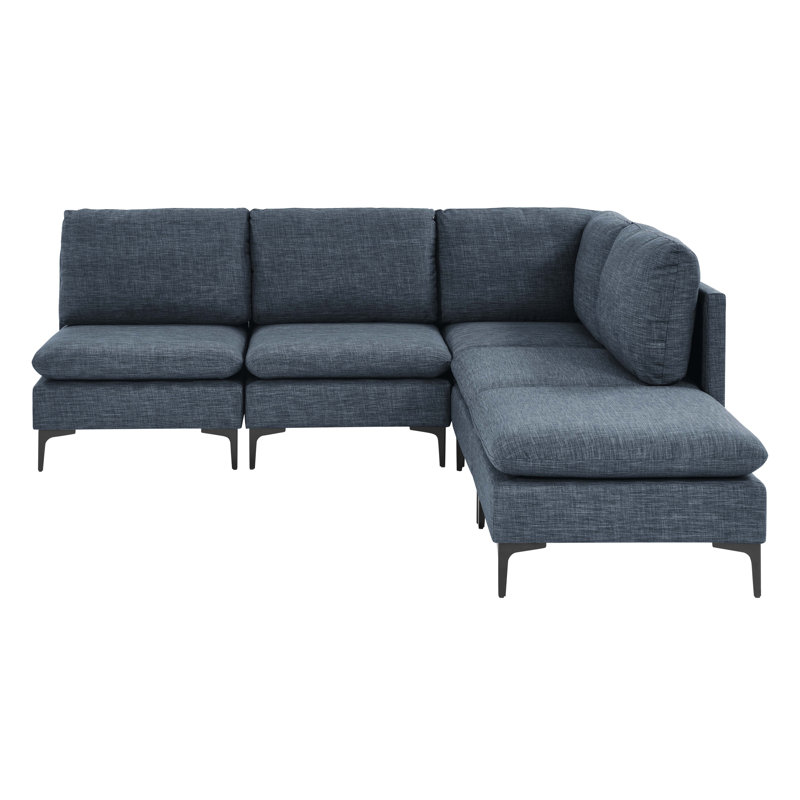 Canapé modulaire réversible avec repose-pieds Atheana, Mélange de lin bleu