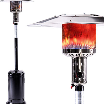 Chauffe-terrasse au propane pour l'extérieur avec roulettes 47 000, chaufferette au gaz autoportante de 88 pouces, brûleur en acier inoxydable, pour usage commercial, résidentiel - portable de style noir, finition de jardin extérieur