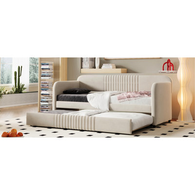 Beige Twin Daybed With Trundle And Wood Slats, Velvet Upholstery, Strong Frame, Space - Saving, No Box Spring Required Upholstered Bed Trundle, Comfortable , Saving Furniture