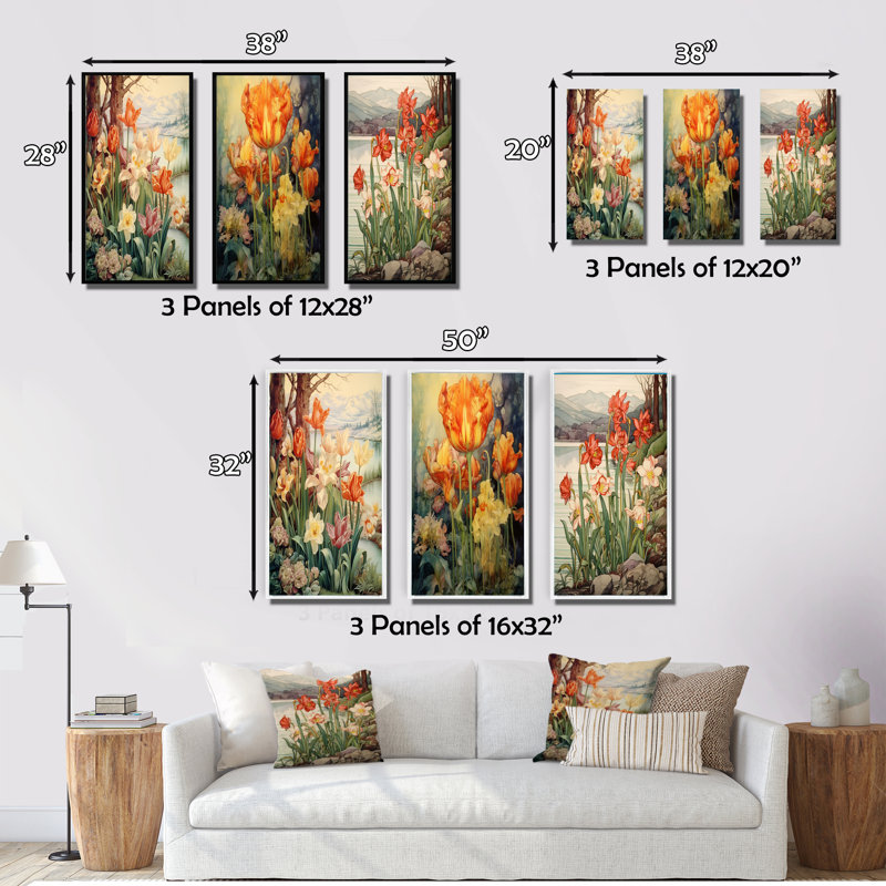 «Red Tulips Blooming Retro Illustration I», 3 pièces sur toile, Toile tendue, H 20 po x l 36 po