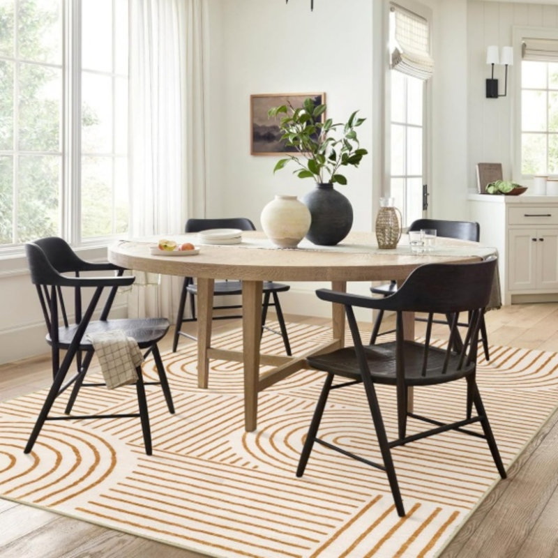 Cream & Terracotta Abstract Line Rug 5 X 7 Ft, Dorm & Bedroom
