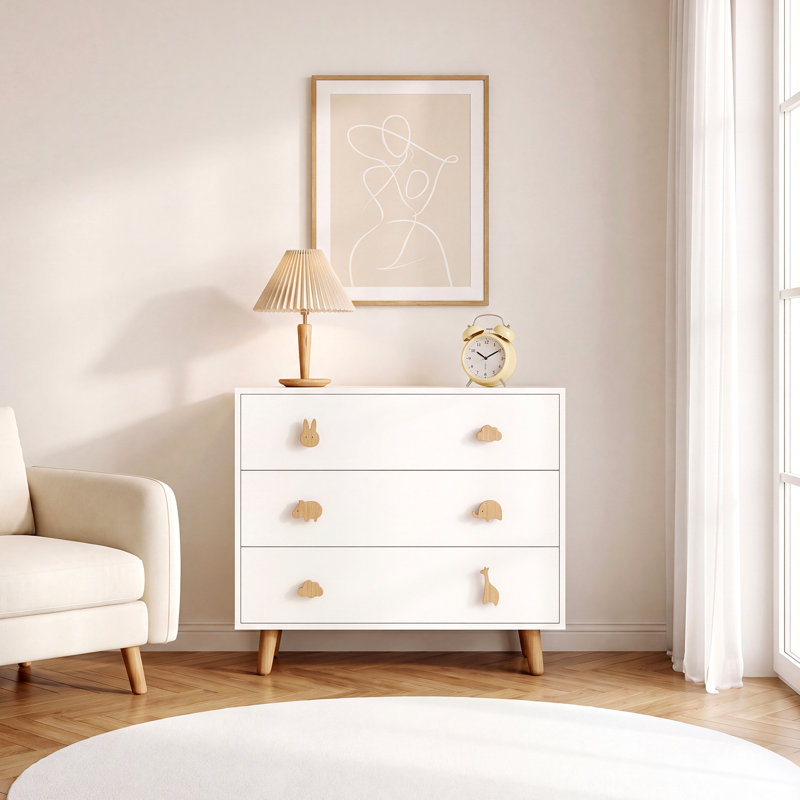 Commode enfant blanche à 3 tiroirs avec adorables poignées en bois en forme d'animaux – Meuble de rangement sécuritaire, spacieux et moderne pour chambre d'enfant