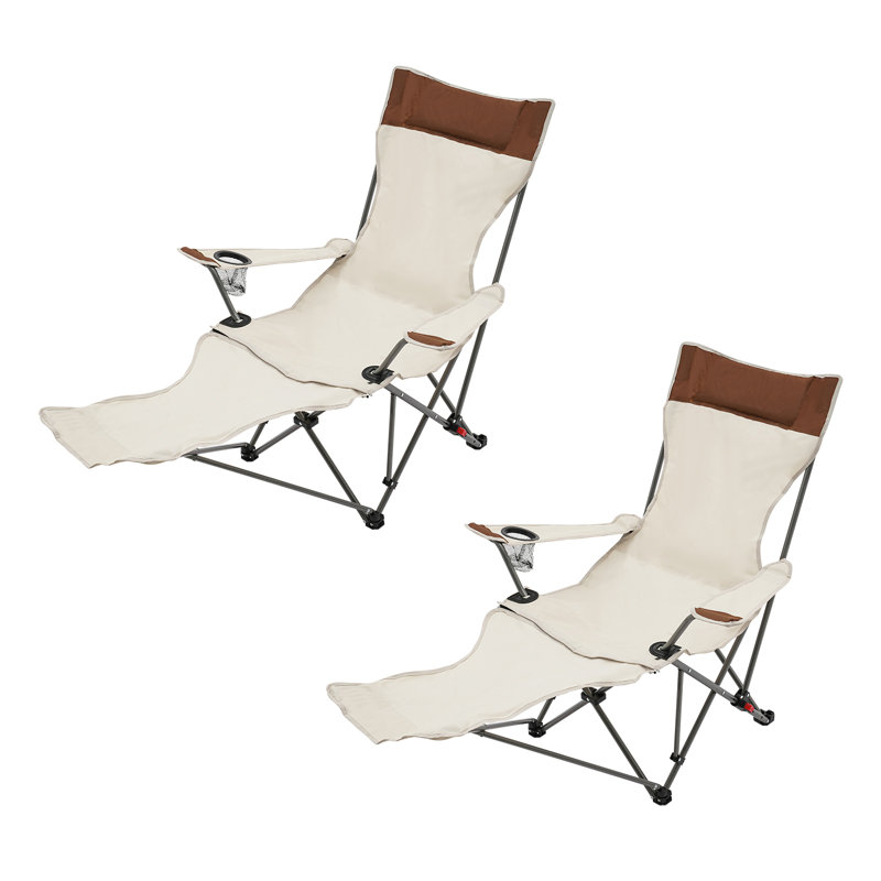 Set of 2 Beige and Brown Adjustable Folding Reclining Camping Chairs