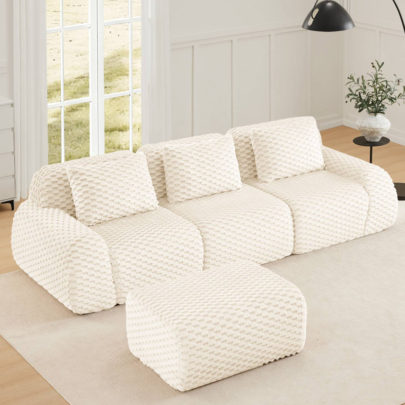114" Flannel L-Shaped Modular Sectional With Ottoman, Cream Fabric