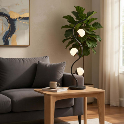 Lampe de table 3 lumières, base ondulée en métal noir, verre blanc givré, 32 pouces