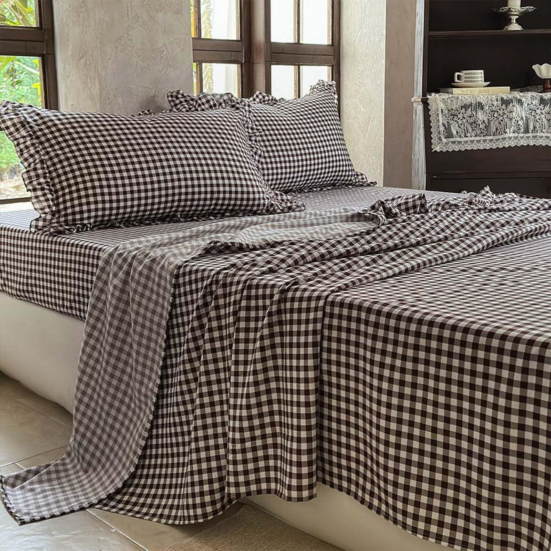 Ensemble de draps Gingham Ruffle, Guingan moka, Lit double