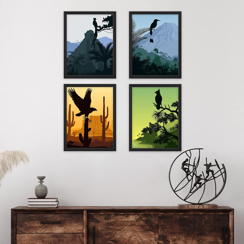 «Wild Hawk Wild Bird Silhouettes», ensemble de 4 animaux encadrés sur papier, impression encadrée sur papier, Noir