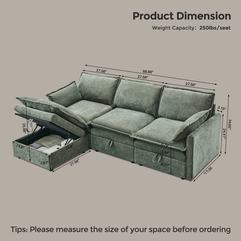 89" Modern Modular Sofa with Large Storage Space,Chenille Fabric U-Shaped Modular Sofa with Deep Seat Cushions and Throw Pillows