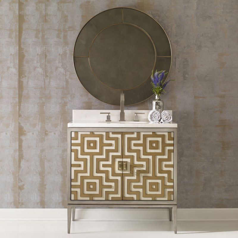 Labyrinth 36'' Gold and Gray Mahogany Bathroom Vanity with Marble Top
