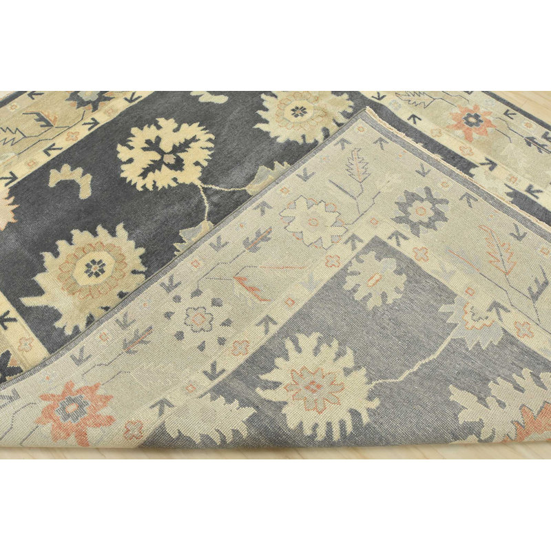 Tapis gris en laine noué à la main de conception unique 7 pi 9 po x 9 pi 11 po