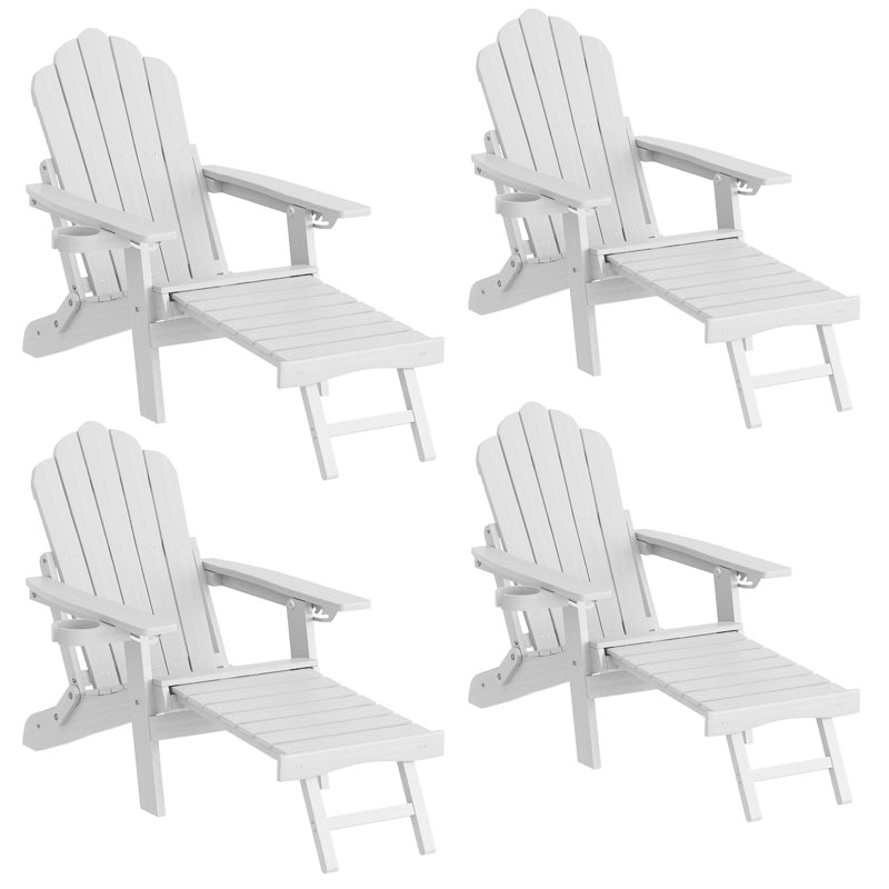 4pcs Folding Adirondack Chair with Retractable Ottoman and Cup Holder Adjustable Adirondack Chair with Footrest Set, White