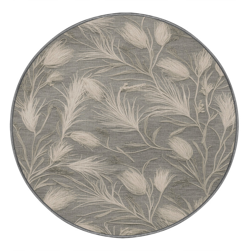 Machine Washable Botanical Gray Area Rug, Round 5'