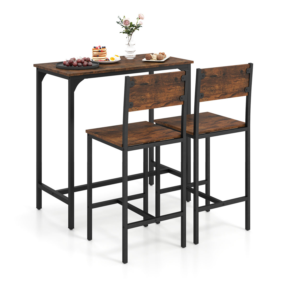 3 Piece Bar Table Set Pub Dining Table & 2 Bar Stools W/ Backrest-Gray
