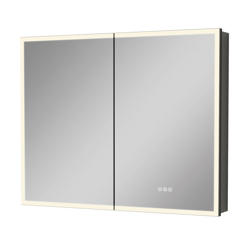 Armoire à pharmacie en aluminium de 101,6 cm (L) x 81,3 cm (H) avec miroir, éclairage DEL, traitement antibuée, éclairage 3 couleurs à intensité variable, grand espace de rangement, étagères en verre réglables, prise USB et prise homologuée UL, montage encastré ou en saillie